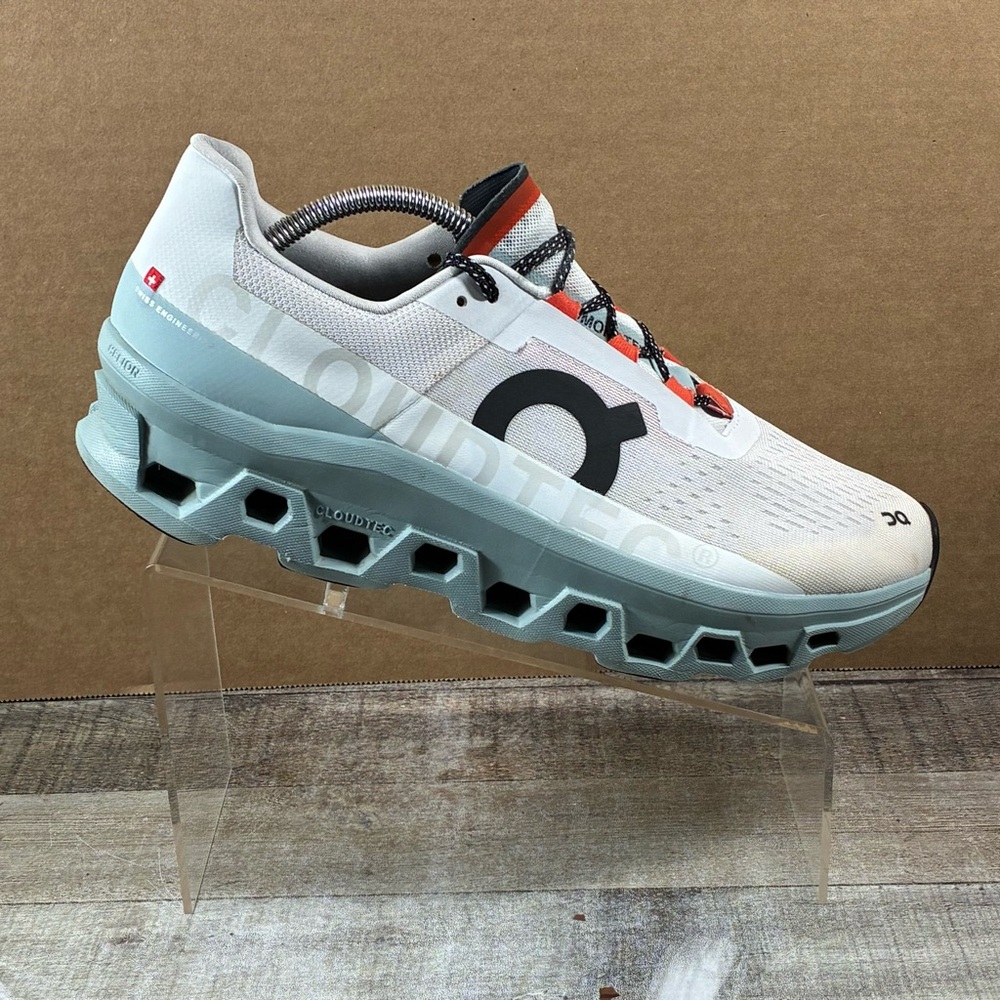 On Cloudmonster Shoes Men’s aside 11 White Gray Cloud Tec Helion Running Shoes